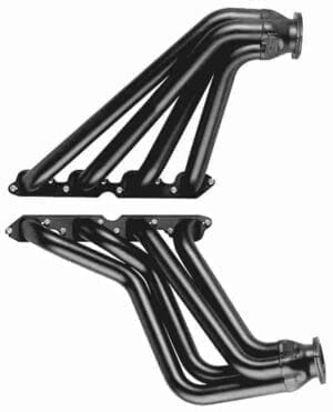 A pair of black metal headers with four different sizes.