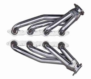A pair of stainless steel headers with white rubber pads.