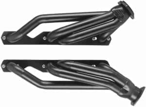 A pair of black metal headers with two different sizes.