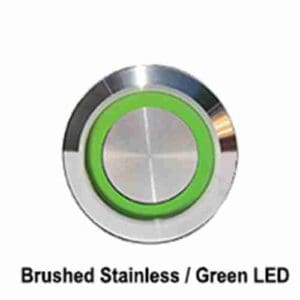 A brushed stainless steel button with green led.